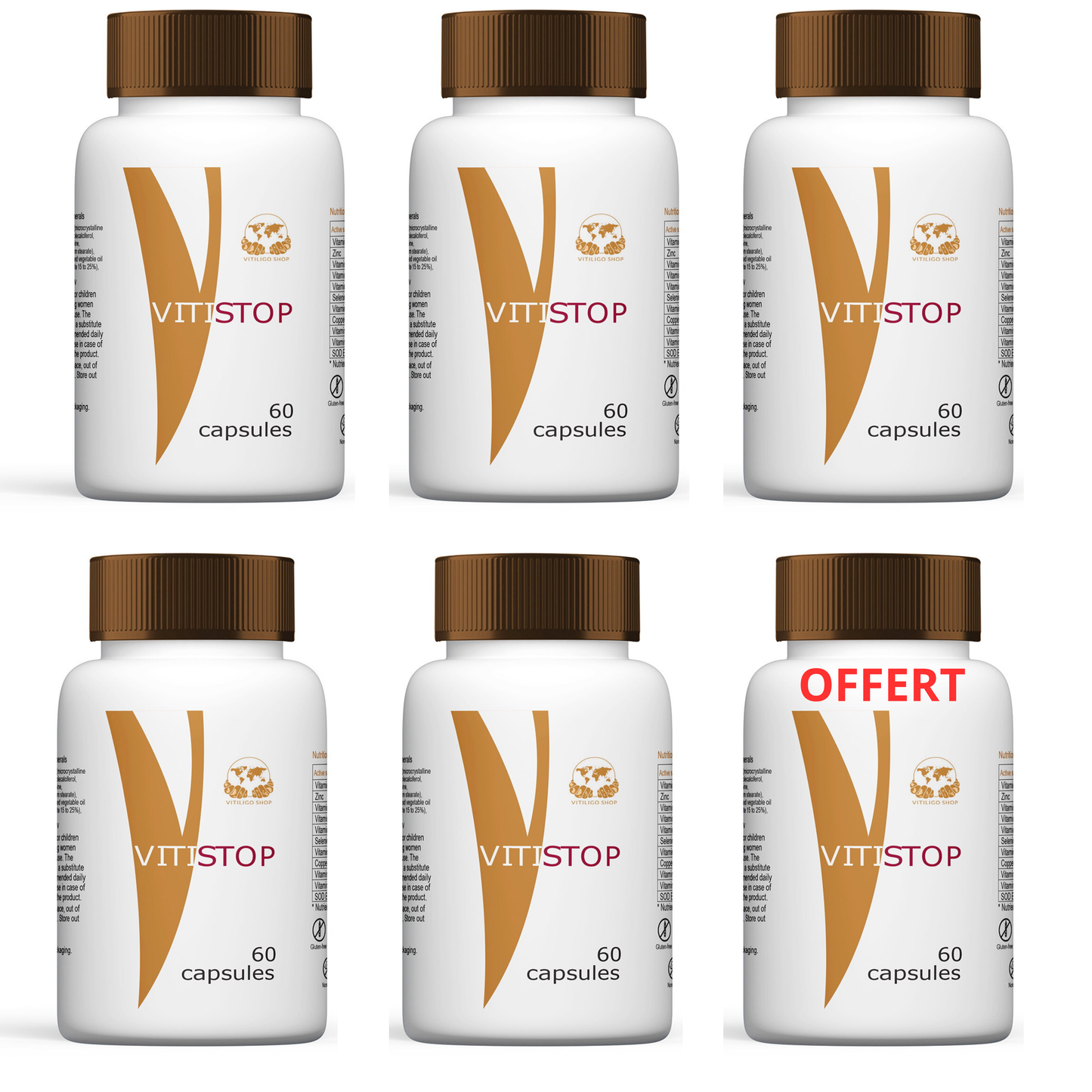 5 achetés, le 6 ème OFFERT - VITISTOP® Complément Alimentaire 360 gélules Cure 12 mois – Synergie nutritionnelle pour les peaux sujettes à la dépigmentation, vitiligo, taches blanches sur la peau, repigmentation progressive